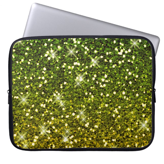 Glinsterende donkergroene gouden glitters laptop sleeve (Voorkant)