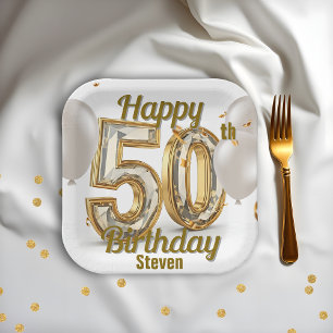 Glinsterende Gouden Luxe Elegantie 50e Verjaardag Papieren Bordje