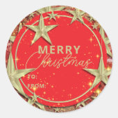 Glinsterende Gouden Sterren op Rode Glitter Kerstm Ronde Sticker (Voorkant)