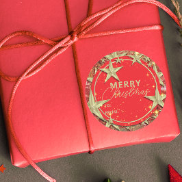 Glinsterende Gouden Sterren op Rode Glitter Kerstm Ronde Sticker