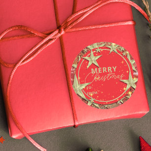 Glinsterende Gouden Sterren op Rode Glitter Kerstm Ronde Sticker