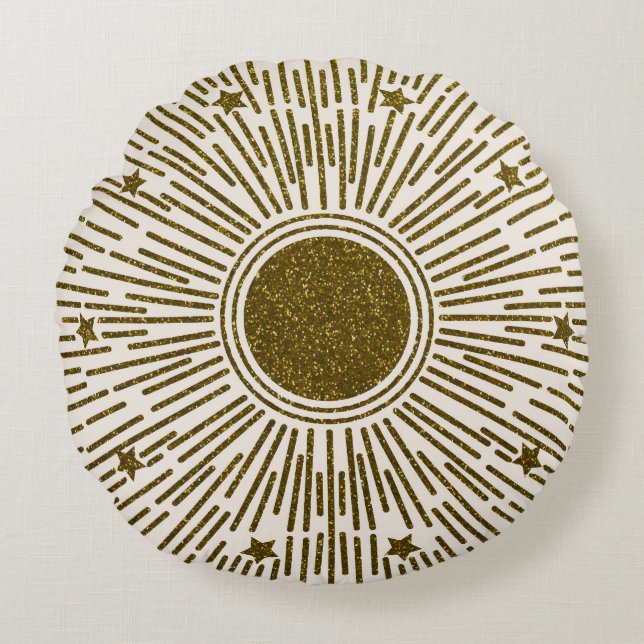 Glinsterende gouden zon,  stralen. rond kussen (Voorkant)