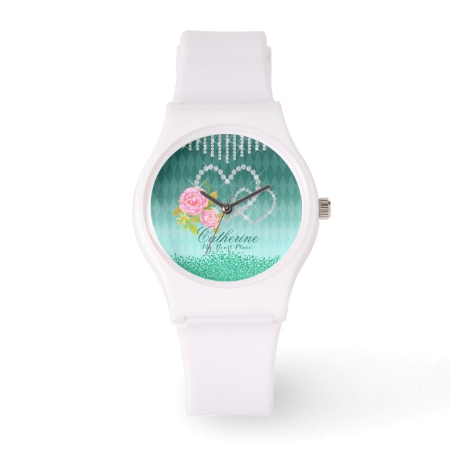 Glinsterende harten Floral Aqua Horloge (Voorkant)