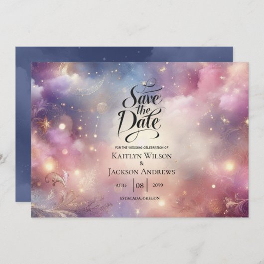 Glinsterende hemelse Stardust Skies bruiloft Save The Date (Voorkant / Achterkant)