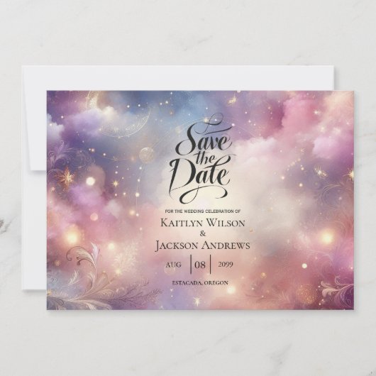 Glinsterende hemelse Stardust Skies bruiloft Save The Date (Voorkant)