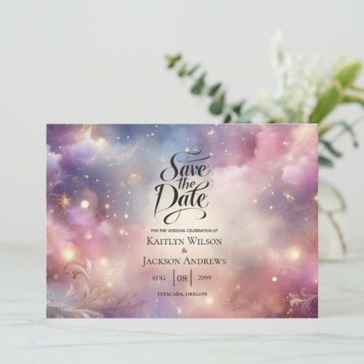 Glinsterende hemelse Stardust Skies bruiloft Save The Date (Staand voorkant)