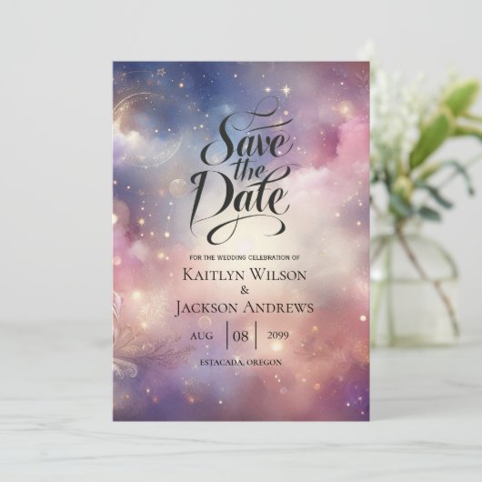 Glinsterende hemelse Stardust Skies bruiloft Save The Date (Staand voorkant)