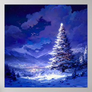 Glinsterende Kerstboom Besneeuwde Berglandschap Poster