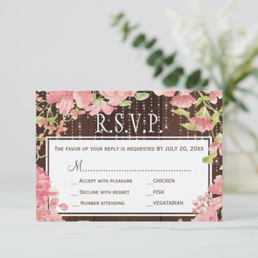 Glinsterende lichten pioenrozen schuur hout bruilo RSVP kaartje (Staand voorkant)