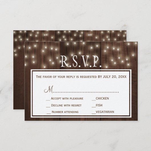 Glinsterende lichten rustieke schuur hout bruiloft RSVP kaartje (Voorkant / Achterkant)
