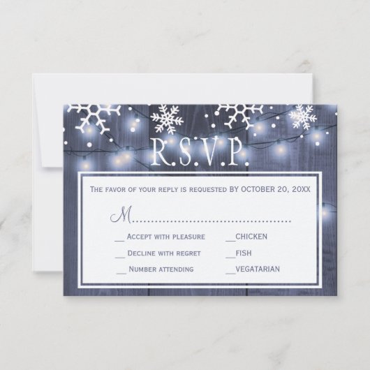 Glinsterende lichten winter schuur hout bruiloft r RSVP kaartje (Voorkant)