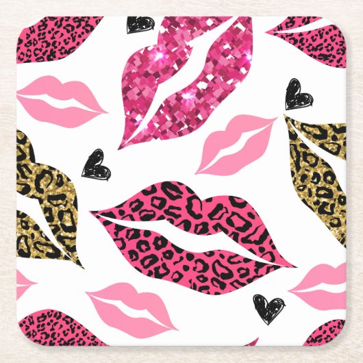 Glinsterende lippen: Leopard Mode Kartonnen Onderzetters (Voorkant)