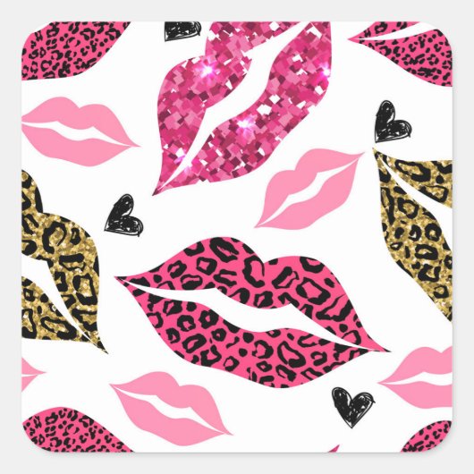 Glinsterende lippen: Leopard Mode Vierkante Sticker (Voorkant)