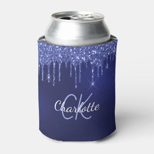 Glinsterende navyblauwe druppels witte naam blikjeskoeler (Blikje Voorkant)