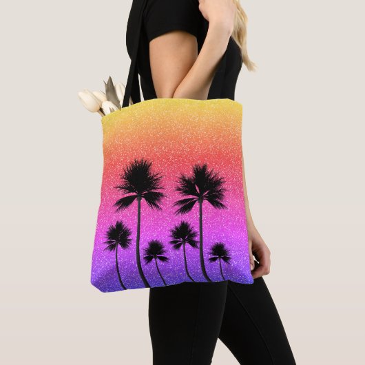 Glinsterende Palmboomgradiënt Zonsondergang Tote Bag (Dichtbij)