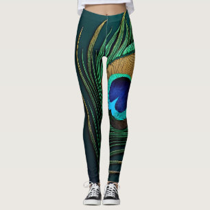 Glinsterende pauwenveren in blauwgroen en smaragd leggings