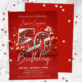 Glinsterende rode en zilveren 50e verjaardagsfeest kaart