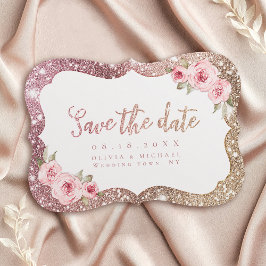 Glinsterende roosgouden glitter en bloemige Save T The Date