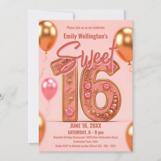 Glinsterende Roze en Goud Sweet 16 Celebration Kaart (Voorkant)