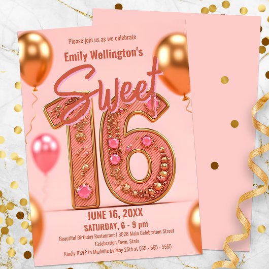 Glinsterende Roze en Goud Sweet 16 Celebration Kaart
