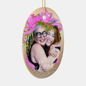 Glinsterende roze lint Foto Christmas Gold Keramisch Ornament (Rechts)