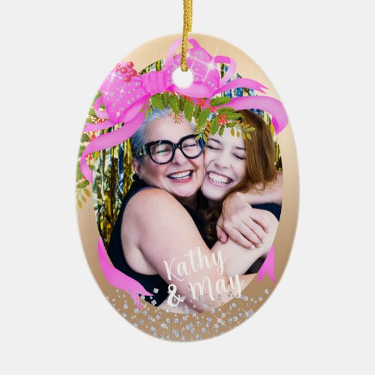 Glinsterende roze lint Foto Christmas Gold Keramisch Ornament (Voorkant)