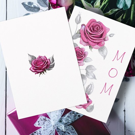 Glinsterende Roze Rozen met Zilveren Moederdag Kaart