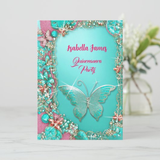 glinsterende roze turquoise gouden juwelen Vlinder Kaart (Staand voorkant)