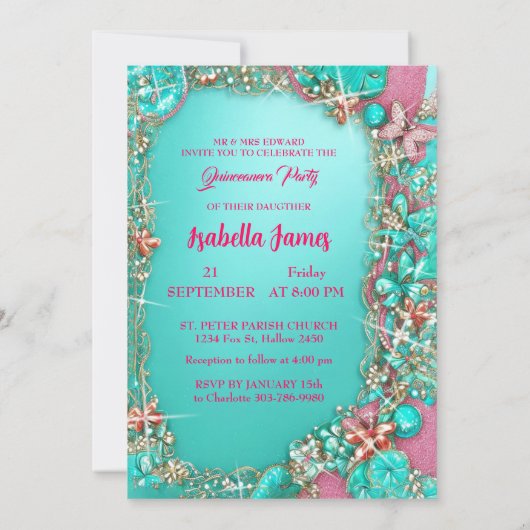 glinsterende roze turquoise gouden juwelen Vlinder Kaart (Achterkant)