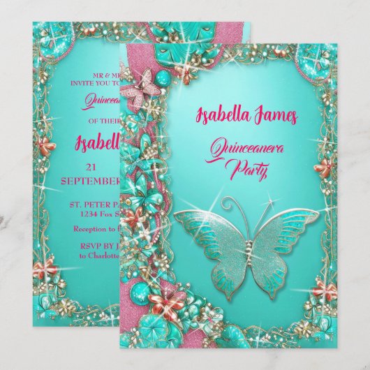 glinsterende roze turquoise gouden juwelen Vlinder Kaart (Voorkant / Achterkant)