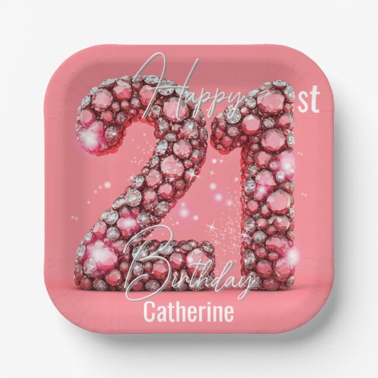 Glinsterende Roze & Zilveren Edelstenen 21e Verjaa Papieren Bordje (Voorkant)