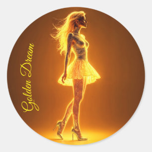 Glinsterende schoonheid in stijlvolle gouden jurk ronde sticker