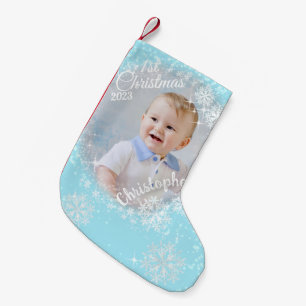 Glinsterende sneeuwvlokken blauw kleine kerstsok