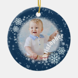 Glinsterende sneeuwvlokken blauw rond Ornament