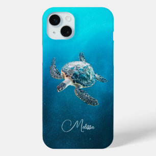 Glinsterende Turquoise Zeeschildpad   Kust iPhone 15 Mini Hoesje