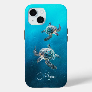 Glinsterende Turquoise Zeeschildpad Kust iPhone 15 Case