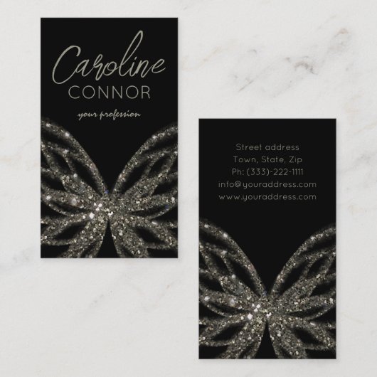 Glinsterende vlinder modern zwart Visitekaartje (Voorkant / Achterkant)