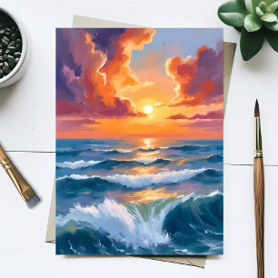 Glinsterende Zee Zonsondergang Oceaan Aquarel Schi Briefkaart