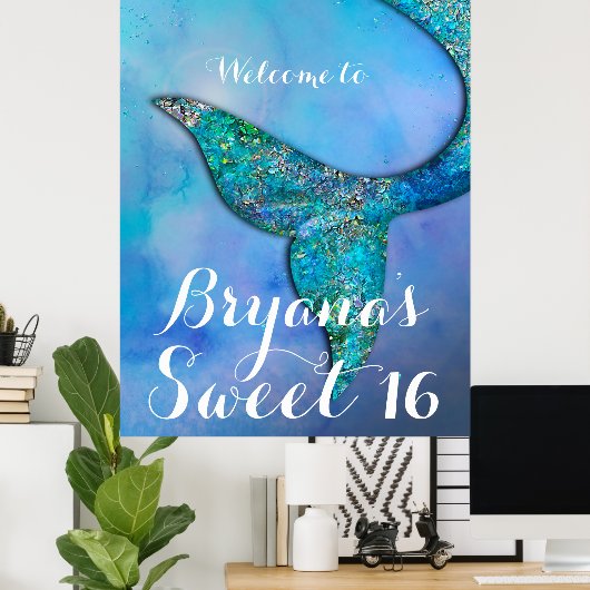 Glinsterende Zeemeerminnenstaart Verjaardagsfeest  Poster (Thuiskantoor)