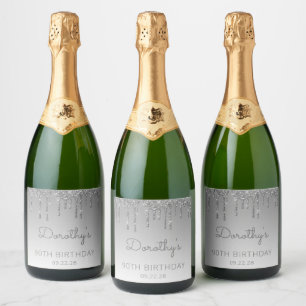 Glinsterende Zilveren Glitter Drip 90ste Verjaarda Sparkling Wijnetiket