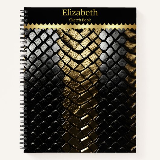 Glinsterende zwarte en gouden slangenhuid notitieboek (Voorkant)