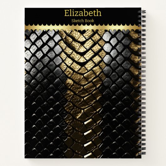 Glinsterende zwarte en gouden slangenhuid notitieboek (Achterkant)