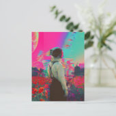 glitch astronaut lady in een papaverveld briefkaart (Staand voorkant)