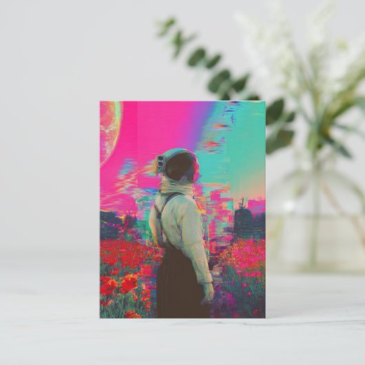 glitch astronaut lady in een papaverveld briefkaart (Staand voorkant)