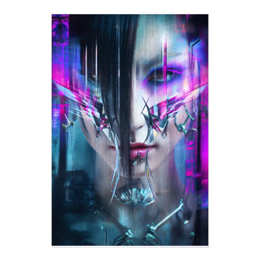 Glitch Cyberpunk Face Neon Distortion Portrait Foto Afdruk (Voorkant)