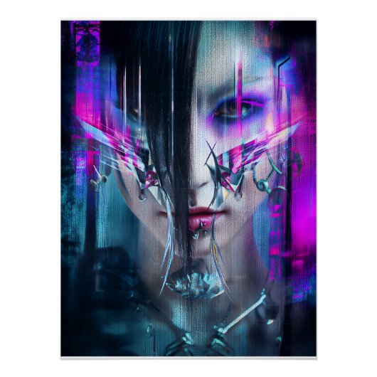 Glitch Cyberpunk Face Neon Distortion Portrait Perfect Poster (Voorkant)