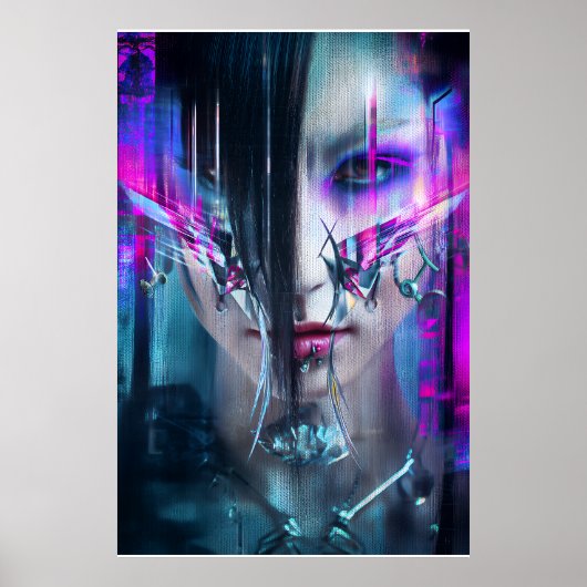Glitch Cyberpunk Face Neon Distortion Portrait Poster (Voorkant)