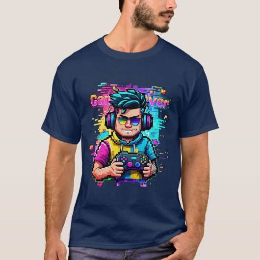Glitch Gamer T-Shirt Neon Pixel Art Gaming (Voorkant)