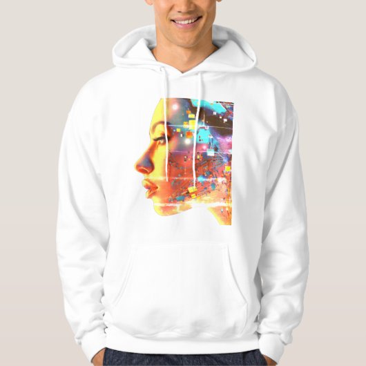 Glitch in Cyborg Woman on a Cozy Long Sleeve White Hoodie (Voorkant)