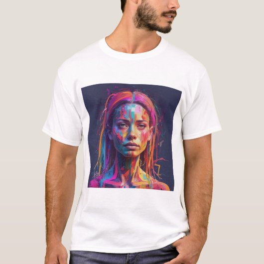 Glitch vrouw kleurrijk gezicht Minimal T-shirt (Voorkant)